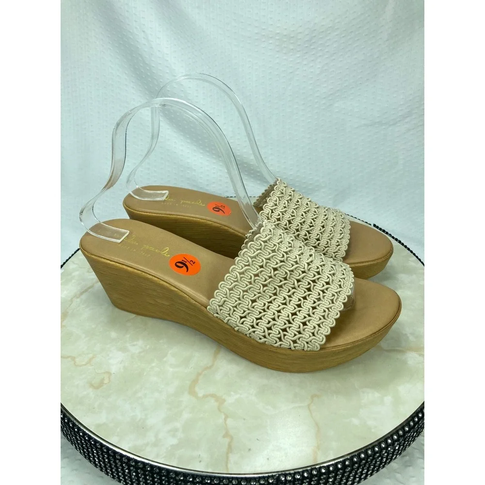 Mila Paoli Woven Macrame Wedge Sandals Women Sz 9.5 Beige Platform Summer Vacay